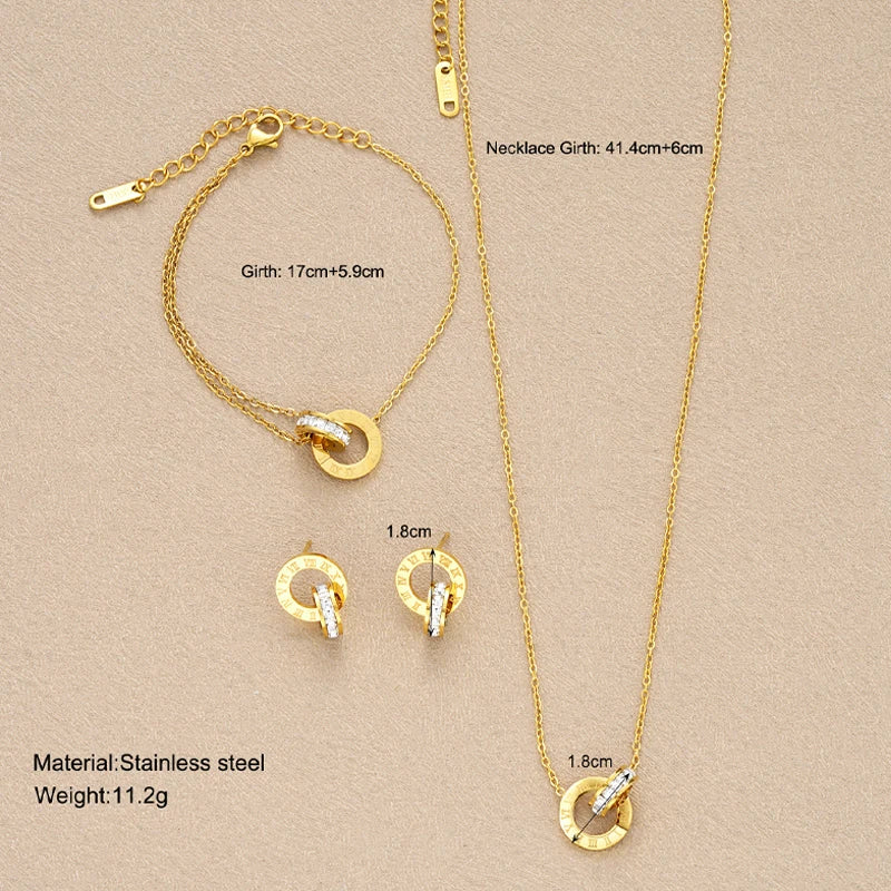 4Pcs/Set Gold Color Stainless Steel Crystal Necklace Bracelet Earrings for Women