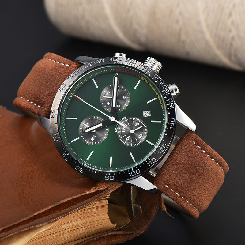 Mens Fashion Calendar Leather-Strap Quartz Watch