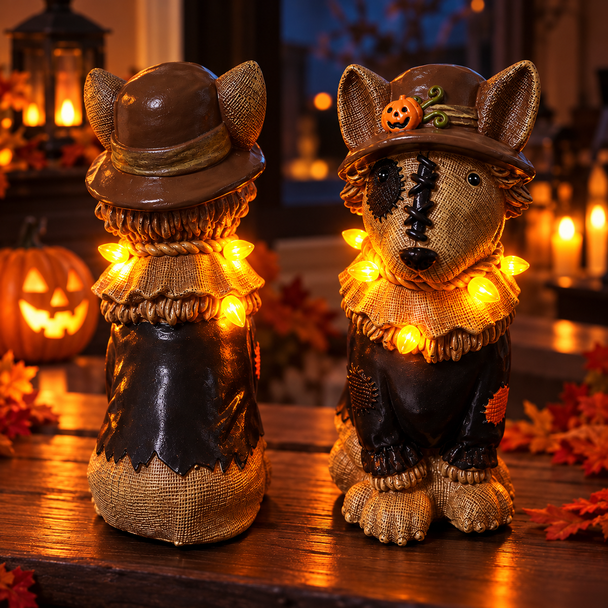 Halloween Scarecrow Dog Figurine – Light-Up Decoration