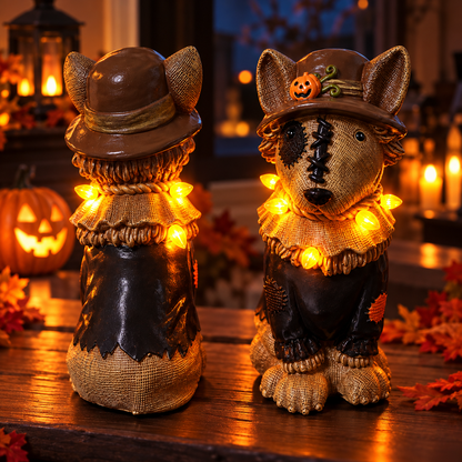 Halloween Scarecrow Dog Figurine – Light-Up Decoration