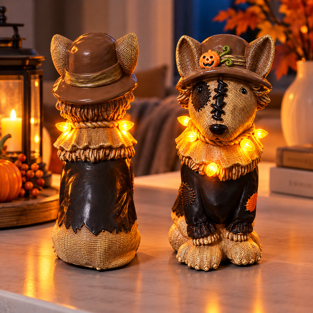 Halloween Scarecrow Dog Figurine – Light-Up Decoration