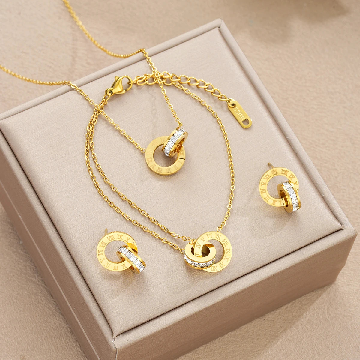4Pcs/Set Gold Color Stainless Steel Crystal Necklace Bracelet Earrings for Women