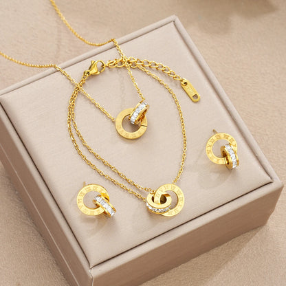4Pcs/Set Gold Color Stainless Steel Crystal Necklace Bracelet Earrings for Women