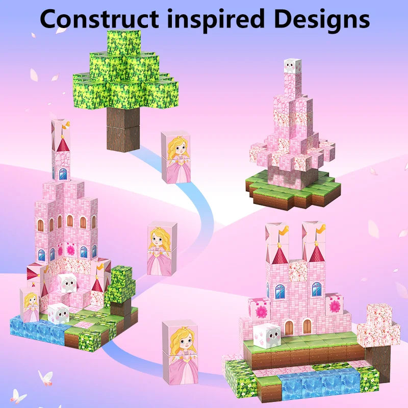 Pink castle magnetic building block set