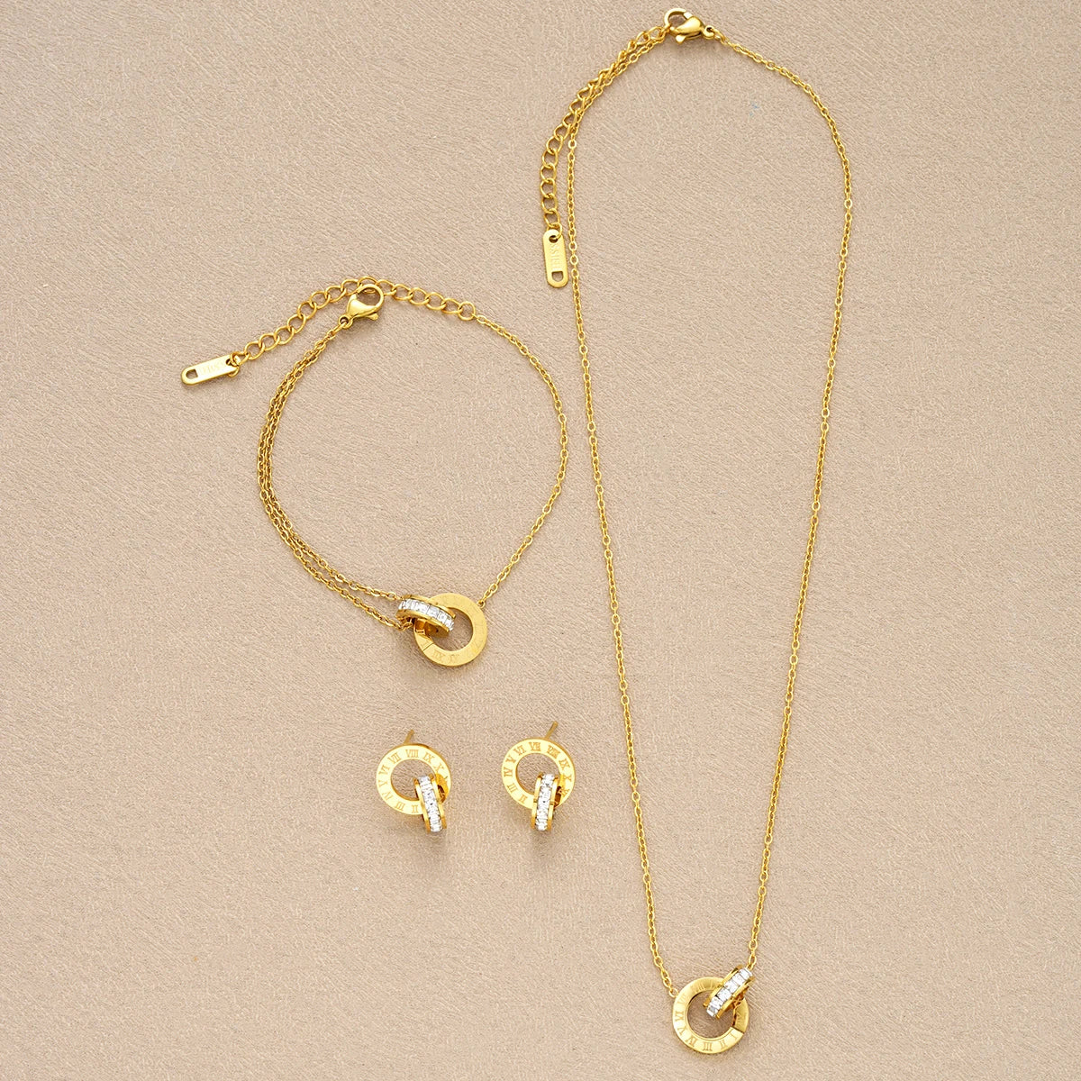 4Pcs/Set Gold Color Stainless Steel Crystal Necklace Bracelet Earrings for Women