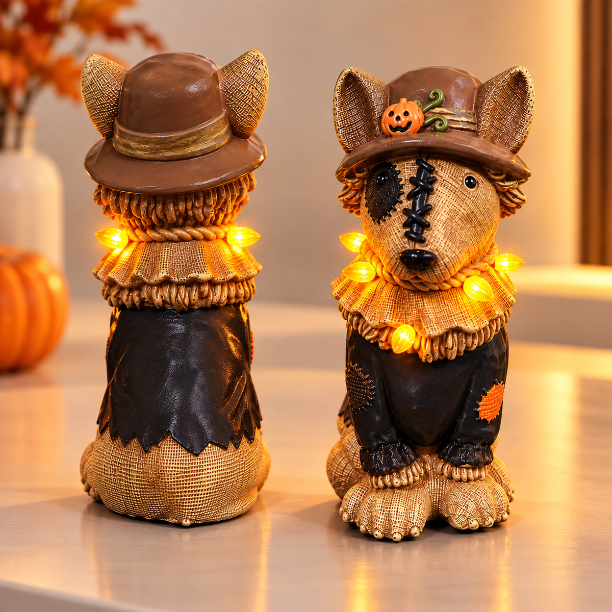 Halloween Scarecrow Dog Figurine – Light-Up Decoration