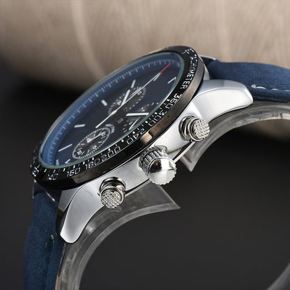 Mens Fashion Calendar Leather-Strap Quartz Watch