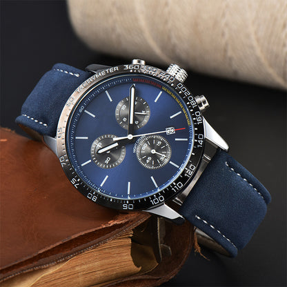 Mens Fashion Calendar Leather-Strap Quartz Watch