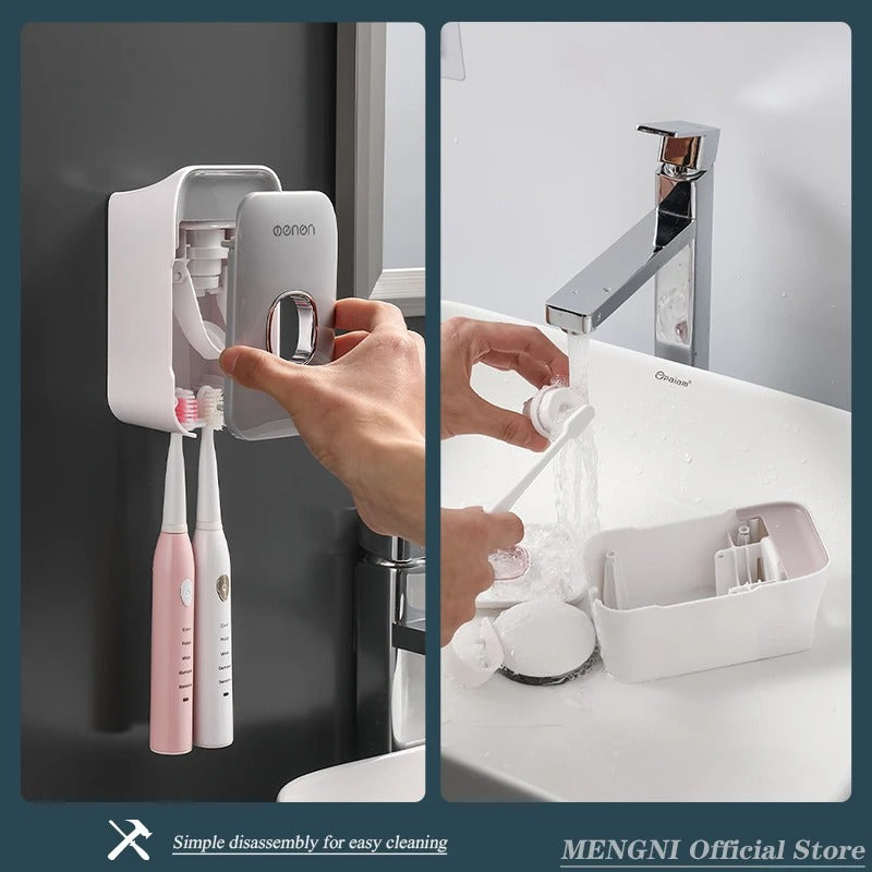 MENGNI Automatic Toothpaste Dispenser Wall-Mounted Bathroom Toothpaste Squeezer Punch-Free Toothbrush Holder Rack Bathroom Acces