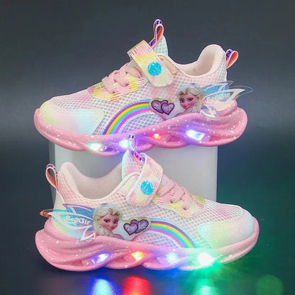 Disney Girls' Casual Shoes Led Lights Mesh Breathable Children's Sports Princess Elsa Pink