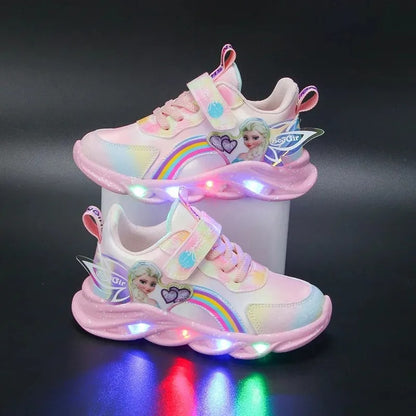Disney Girls' Casual Shoes Led Lights Mesh Breathable Children's Sports Princess Elsa Pink